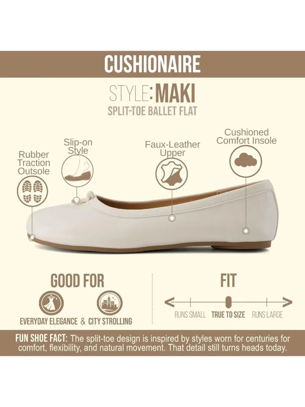 Women's Cream Rubber Split Toe Ballet Flats Flexible Sole Comfort Slip On Shoes